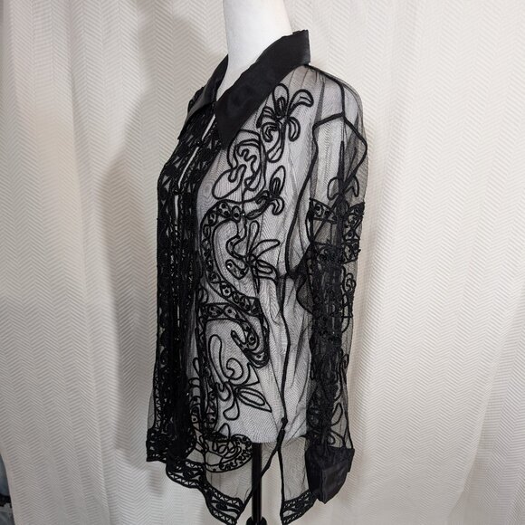 Melanie Lyne Black Sheer Embroidered Beaded Blouse Satin Collar & Cuffs Medium - Picture 3 of 13